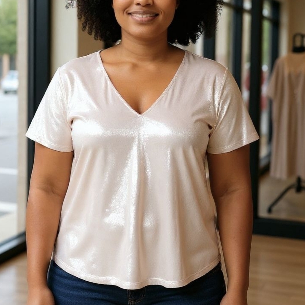 Perseption 2X Shimmering Cream V-Neck Blouse - Metallic Knit Top